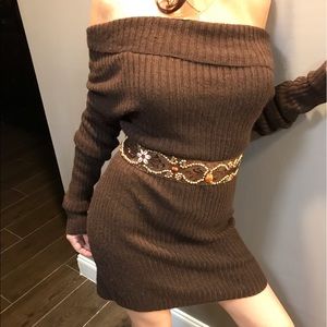 Elegant and Cozy: Theory Gold Threaded Cowl Neck Sweater Dress